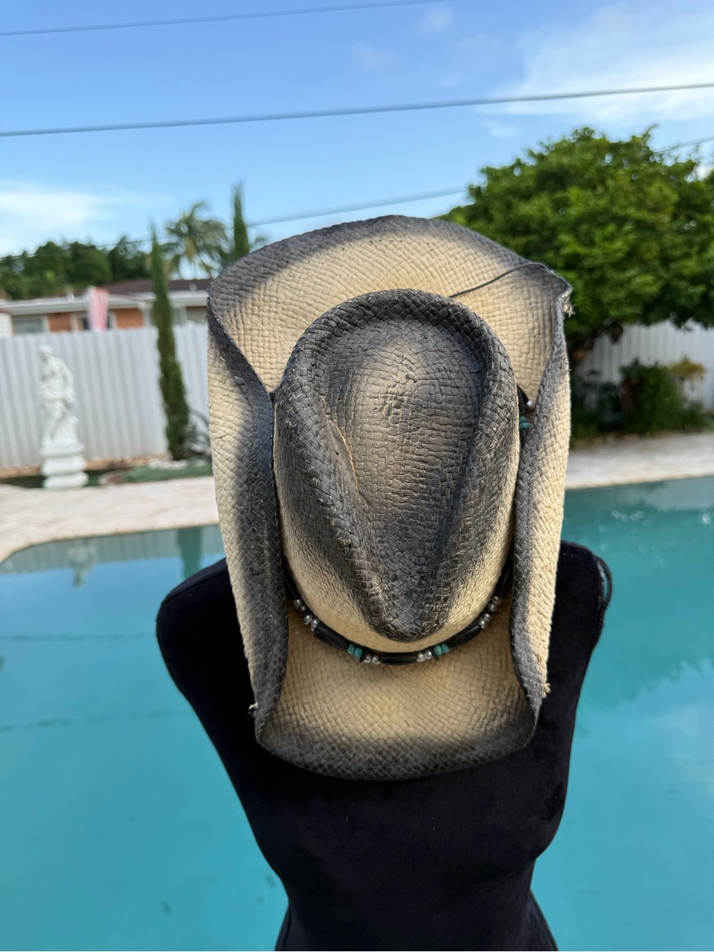 Handcrafted Tan & Black Straw Cowboy Hat with Beaded Band